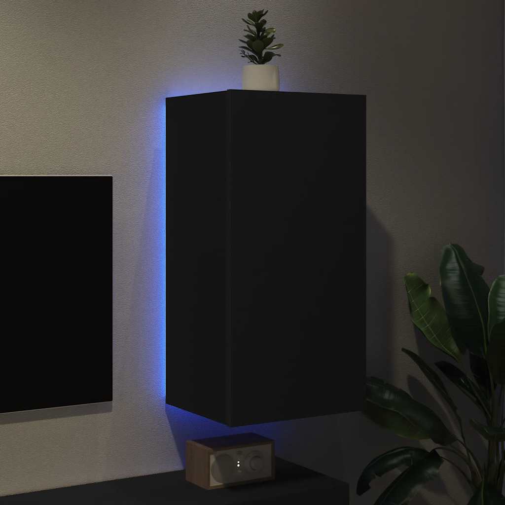 Sieninė TV spintelė su LED lemputėmis, juoda, 40,5x35x80cm