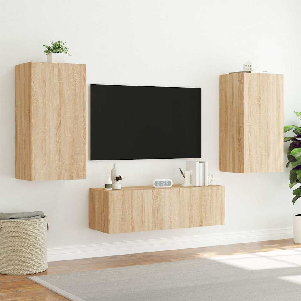 Wall-mounted TV Cabinet with LED Lights, Oak, 40.5x35x80cm