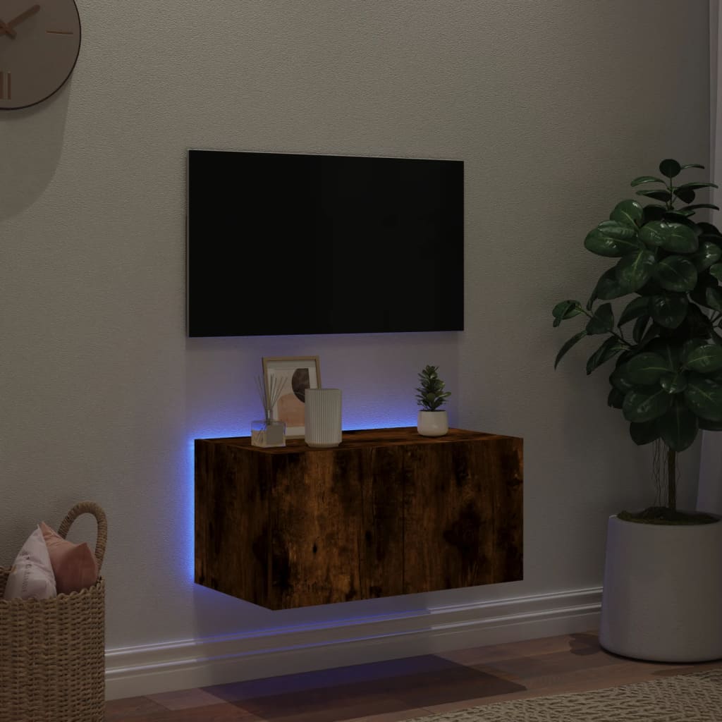 Sieninė TV spintelė su LED lemputėmis, dūminė, 60x35x31cm
