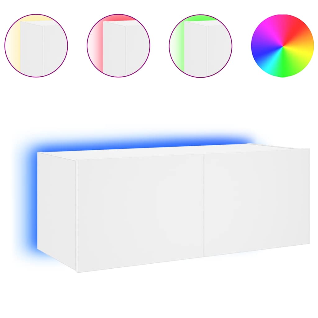 Pie sienas stiprināms TV skapītis ar LED gaismām, balts, 80x35x31 cm