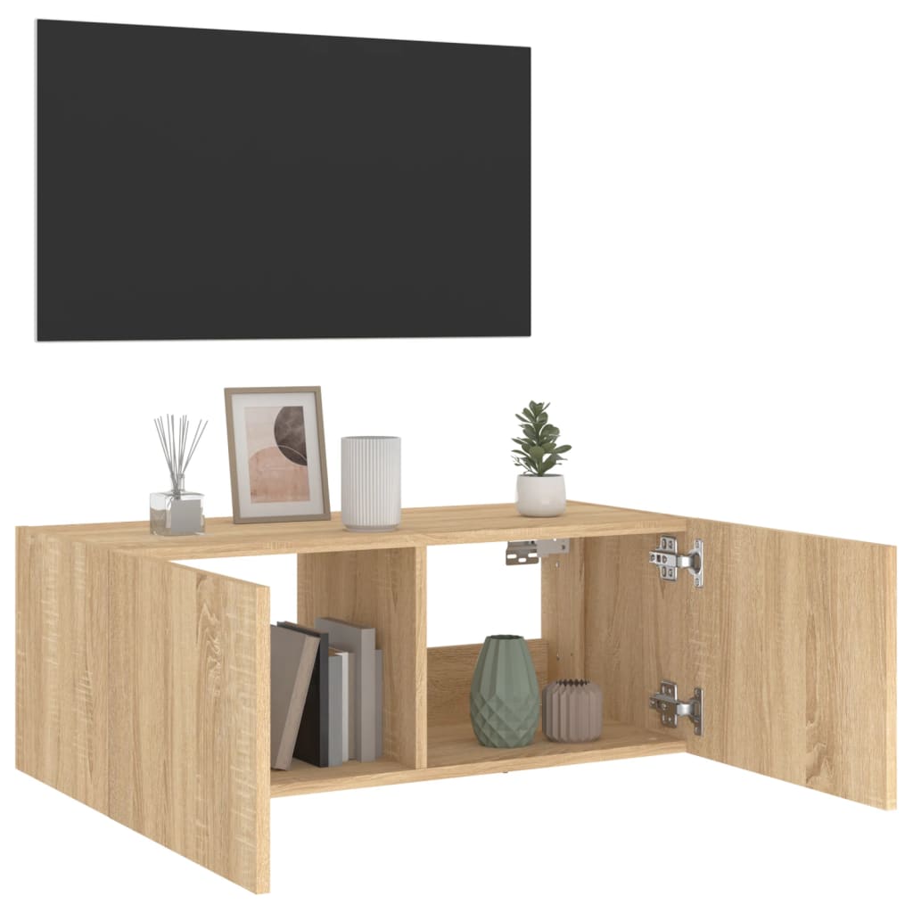 Sieninė TV spintelė su LED lemputėmis, ąžuolo, 80x35x31cm