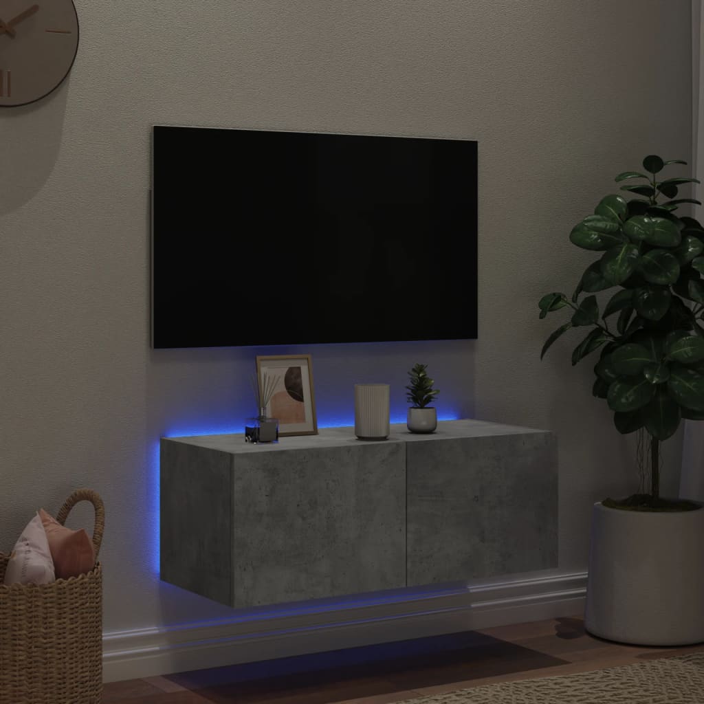 Wall TV cabinet with LED lights, concrete grey, 80x35x31cm