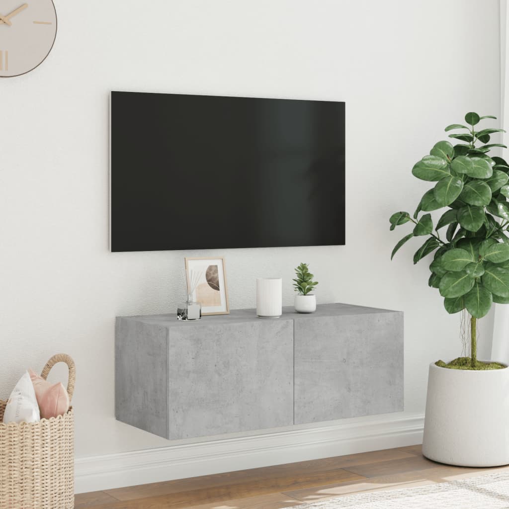Wall TV cabinet with LED lights, concrete grey, 80x35x31cm