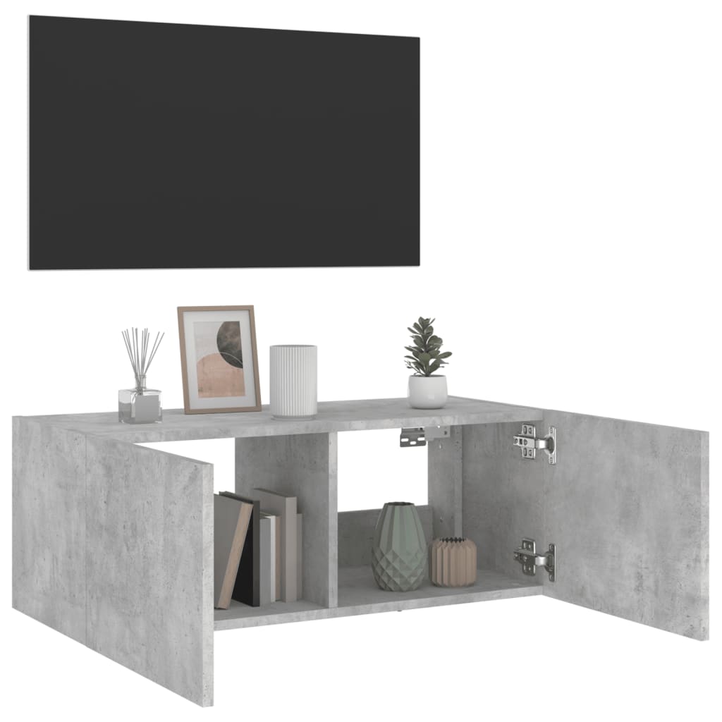 Wall TV cabinet with LED lights, concrete grey, 80x35x31cm