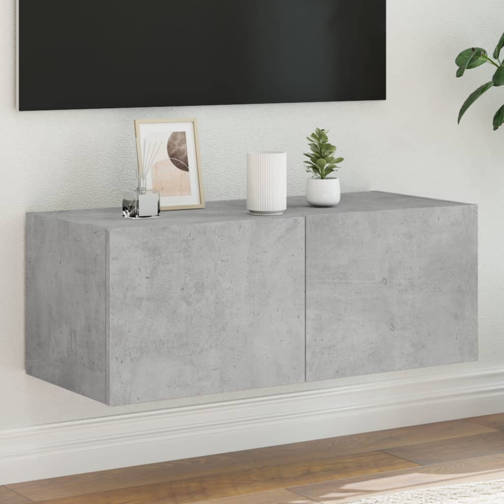 Wall TV cabinet with LED lights, concrete grey, 80x35x31cm