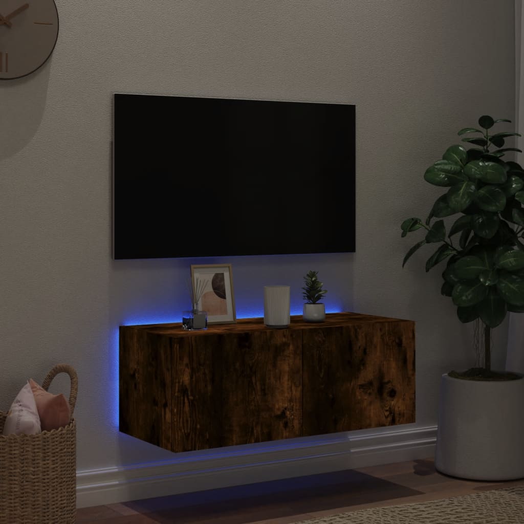 Sieninė TV spintelė su LED lemputėmis, dūminė, 80x35x31cm