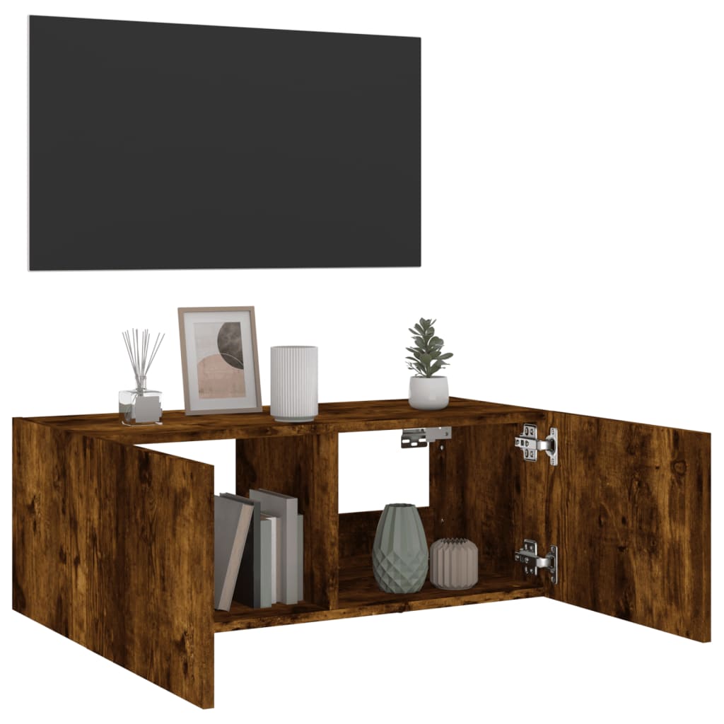 Sieninė TV spintelė su LED lemputėmis, dūminė, 80x35x31cm