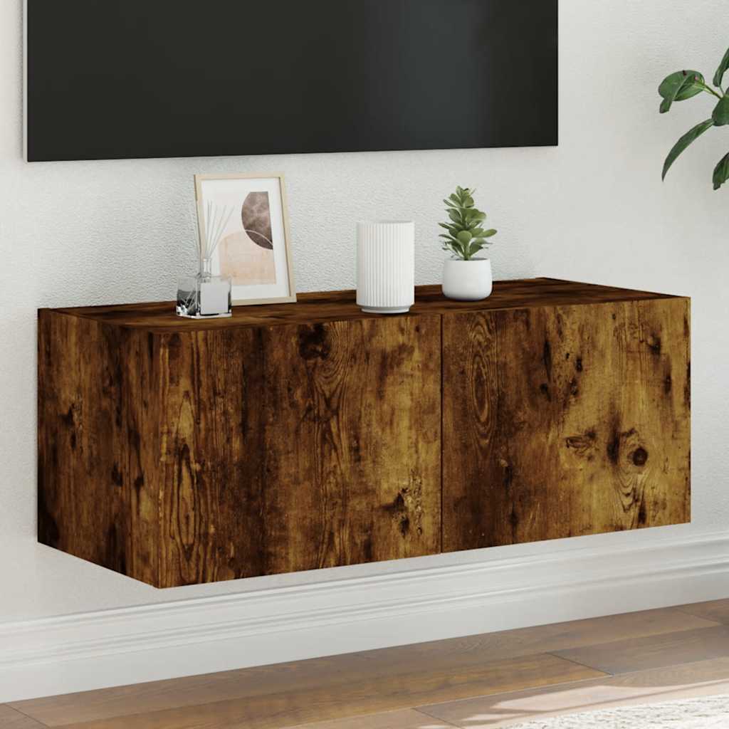Wall-mounted TV cabinet with LED lights, smoky, 80x35x31cm