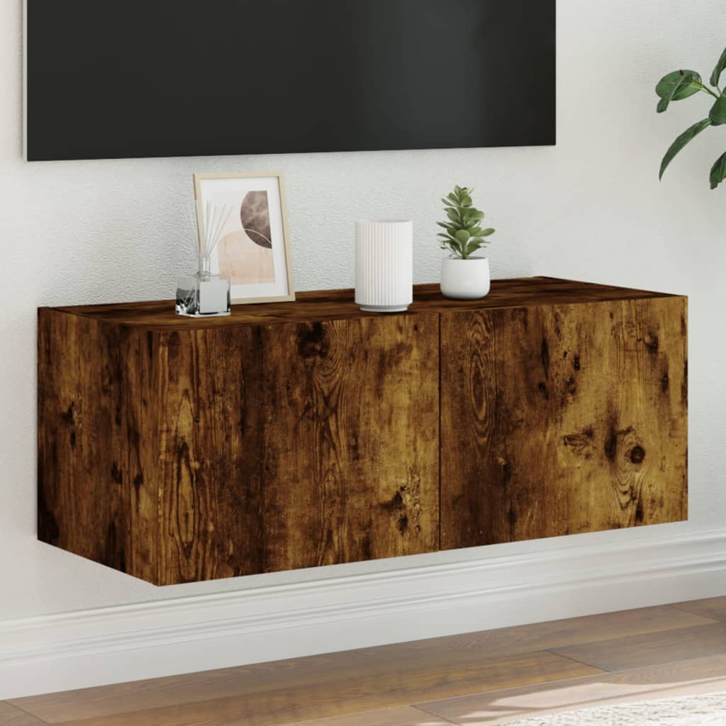 Sieninė TV spintelė su LED lemputėmis, dūminė, 80x35x31cm