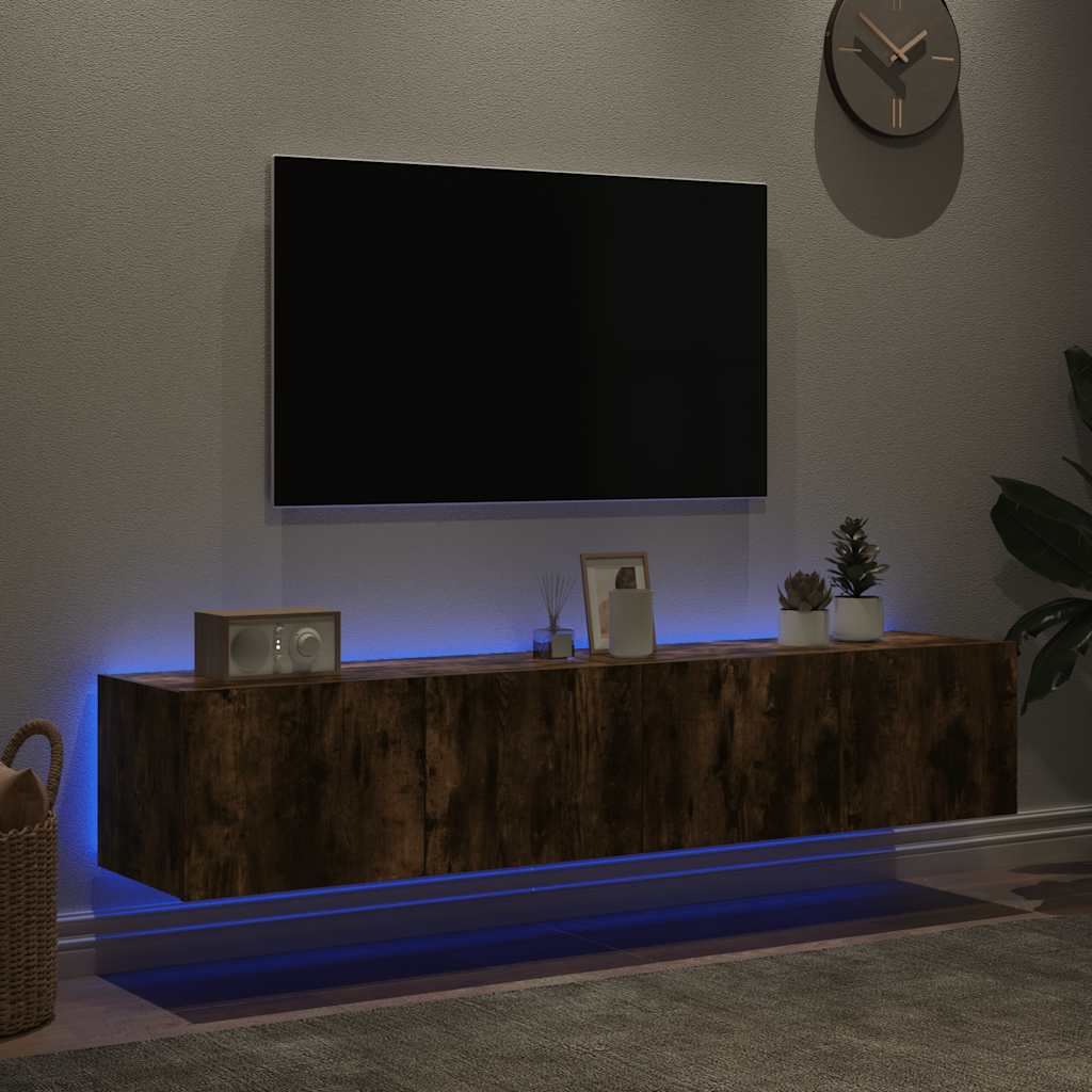 Pie sienas stiprināmi TV skapīši ar LED apgaismojumu, 2 gab., dūmu ozolkoka, 80x35x31 cm