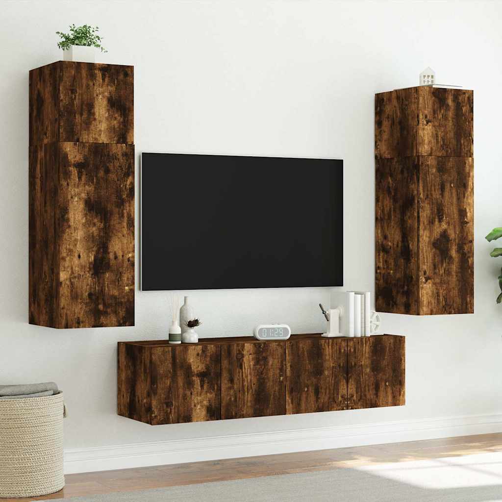 Pie sienas stiprināmi TV skapīši ar LED apgaismojumu, 2 gab., dūmu ozolkoka, 80x35x31 cm