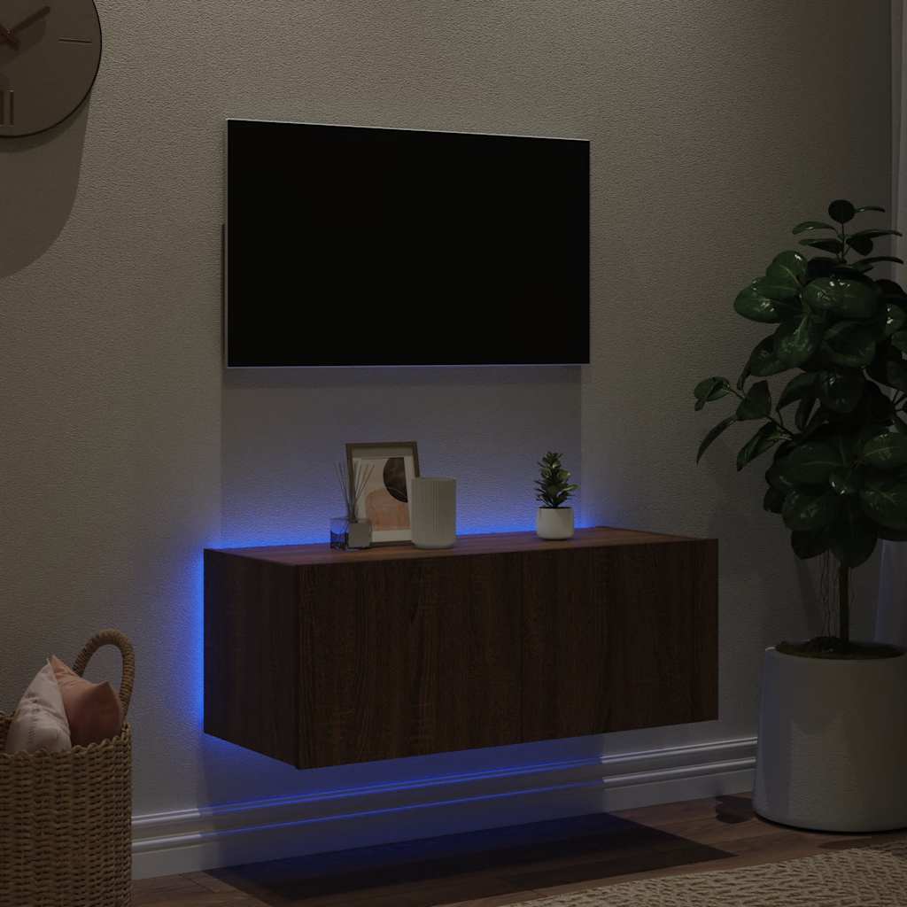 Sieninė TV spintelė su LED lemputėmis, ruda ąžuolo, 80x35x31cm