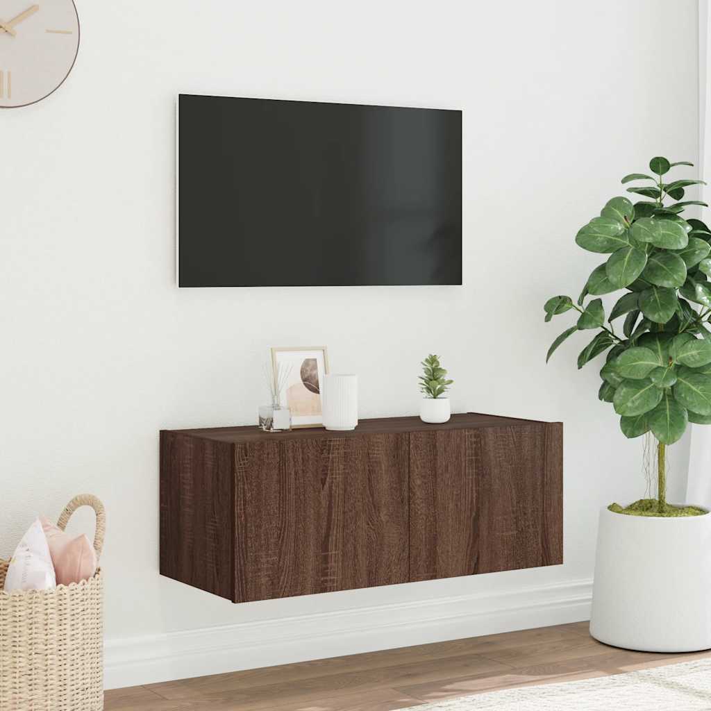 Sieninė TV spintelė su LED lemputėmis, ruda ąžuolo, 80x35x31cm