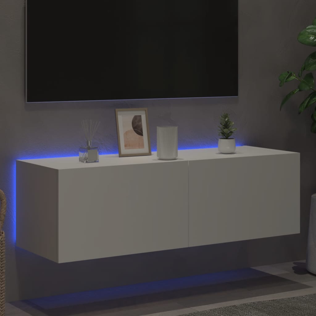 Pie sienas stiprināms TV skapītis ar LED apgaismojumu, balts, 100x35x31 cm