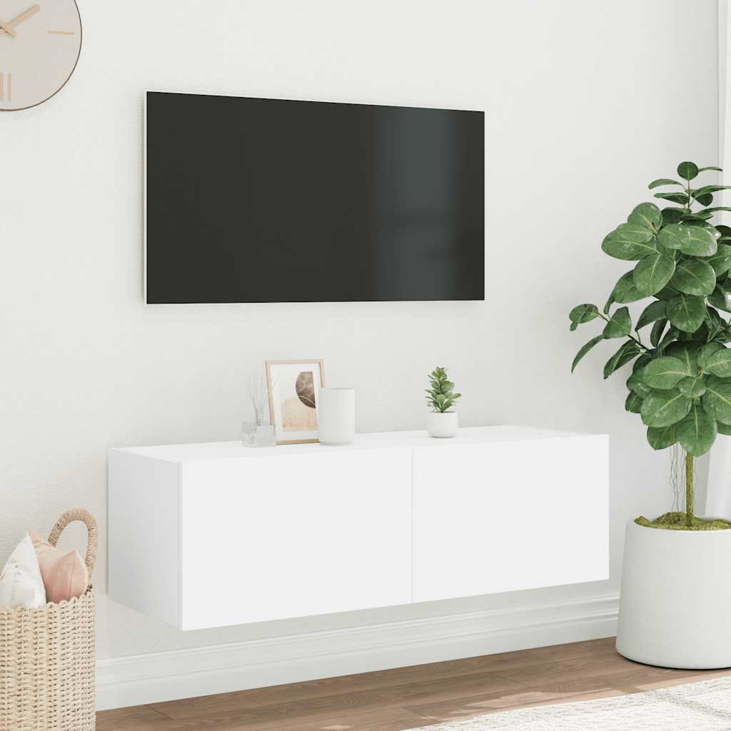 Wall-mounted TV cabinet with LED lights, white, 100x35x31cm