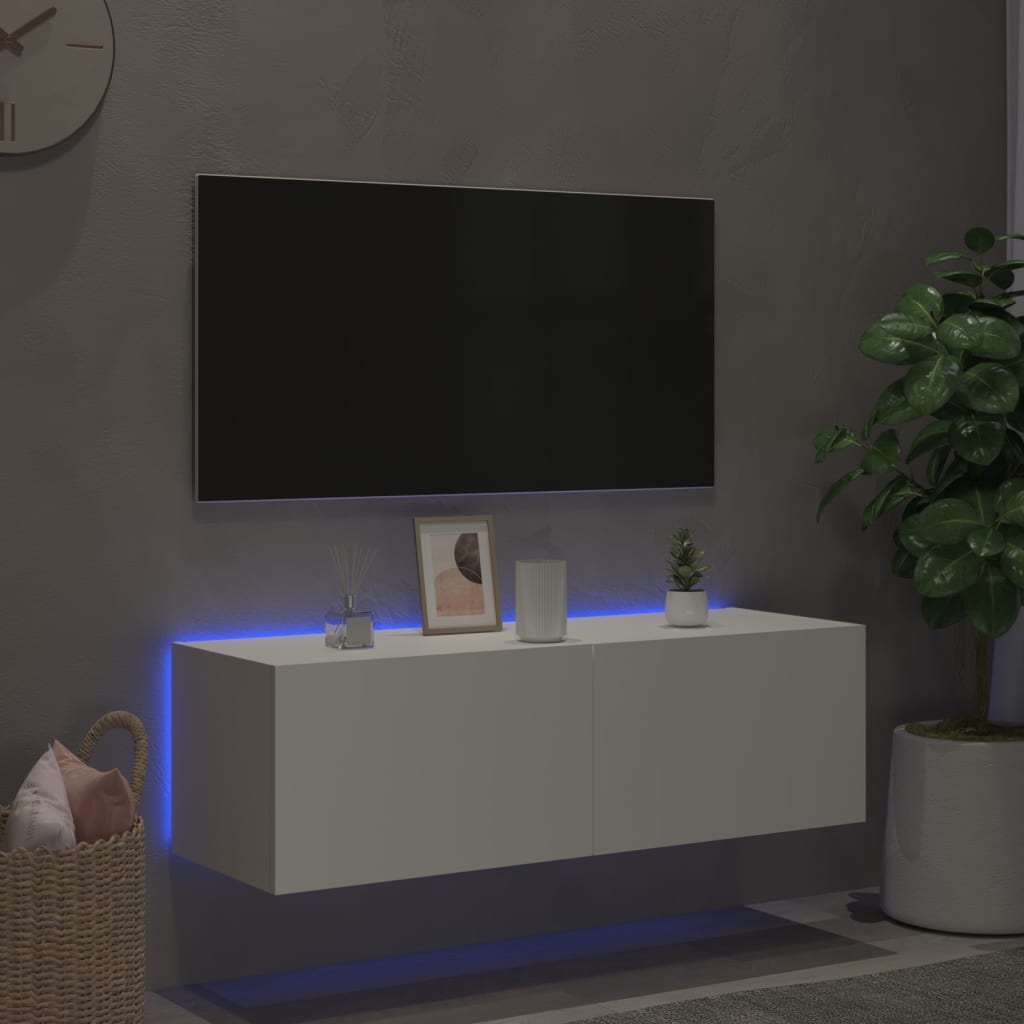 Pie sienas stiprināms TV skapītis ar LED apgaismojumu, balts, 100x35x31 cm