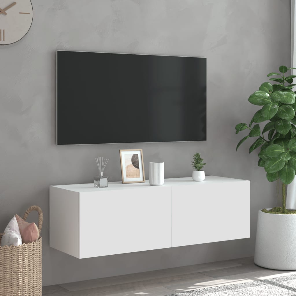 Pie sienas stiprināms TV skapītis ar LED apgaismojumu, balts, 100x35x31 cm