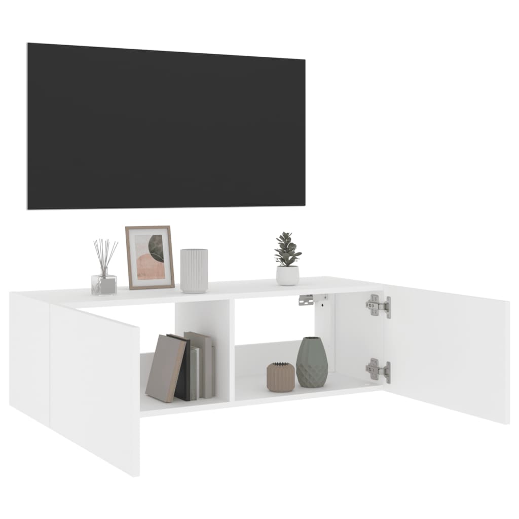 Pie sienas stiprināms TV skapītis ar LED apgaismojumu, balts, 100x35x31 cm