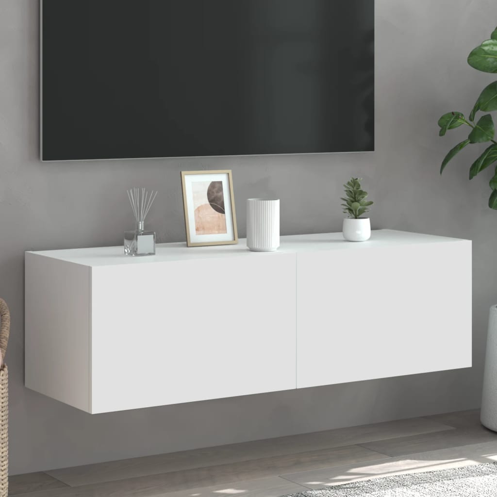 Pie sienas stiprināms TV skapītis ar LED apgaismojumu, balts, 100x35x31 cm