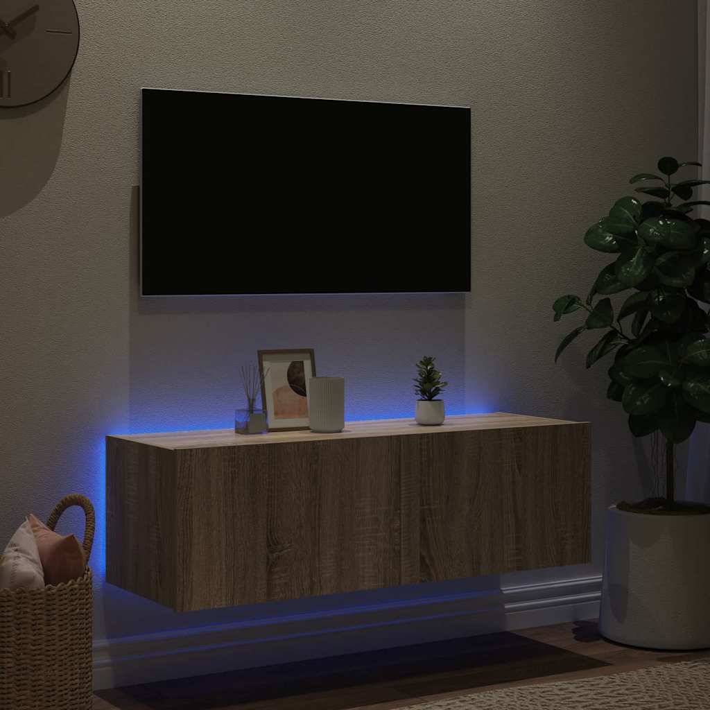 Pie sienas stiprināms TV skapītis ar LED gaismām, ozolkoks, 100x35x31cm