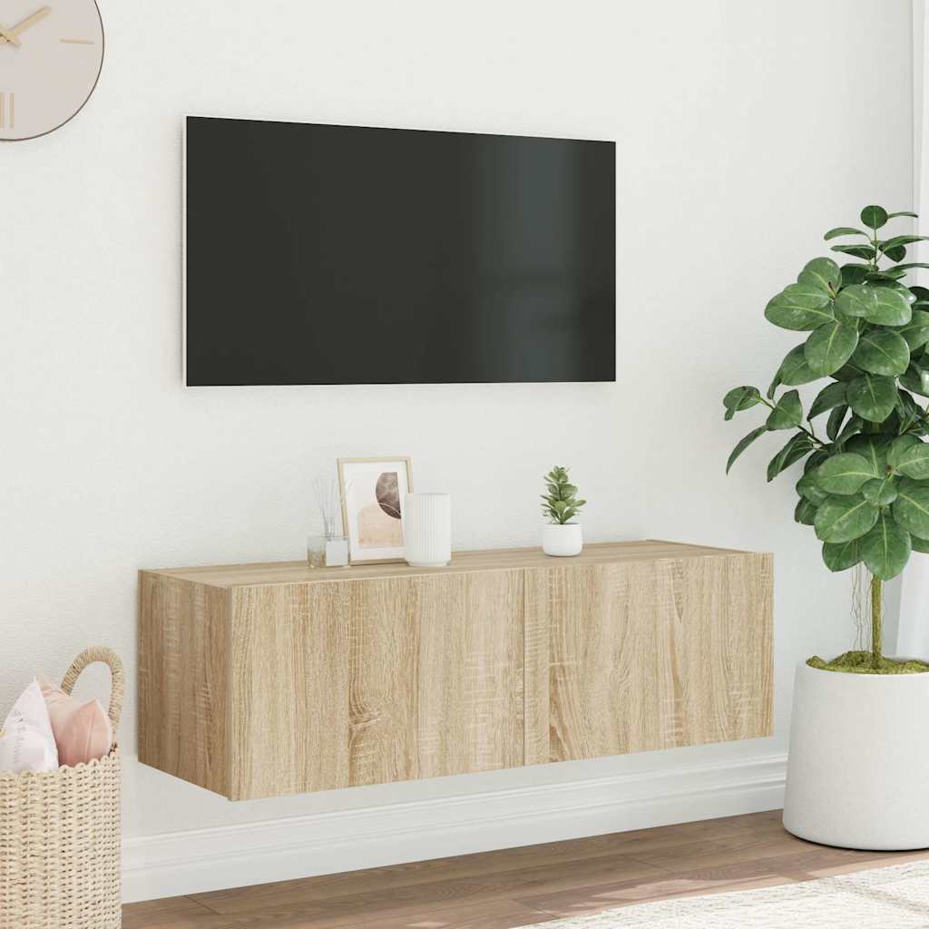 Pie sienas stiprināms TV skapītis ar LED gaismām, ozolkoks, 100x35x31cm