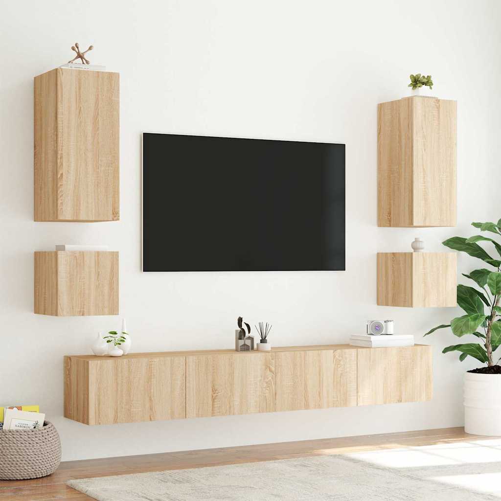 Pie sienas stiprināms TV skapītis ar LED gaismām, ozolkoks, 100x35x31cm
