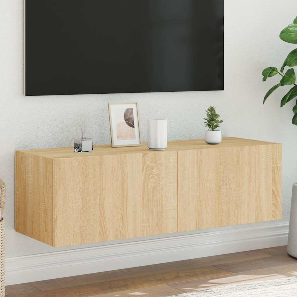 Pie sienas stiprināms TV skapītis ar LED gaismām, ozolkoks, 100x35x31cm