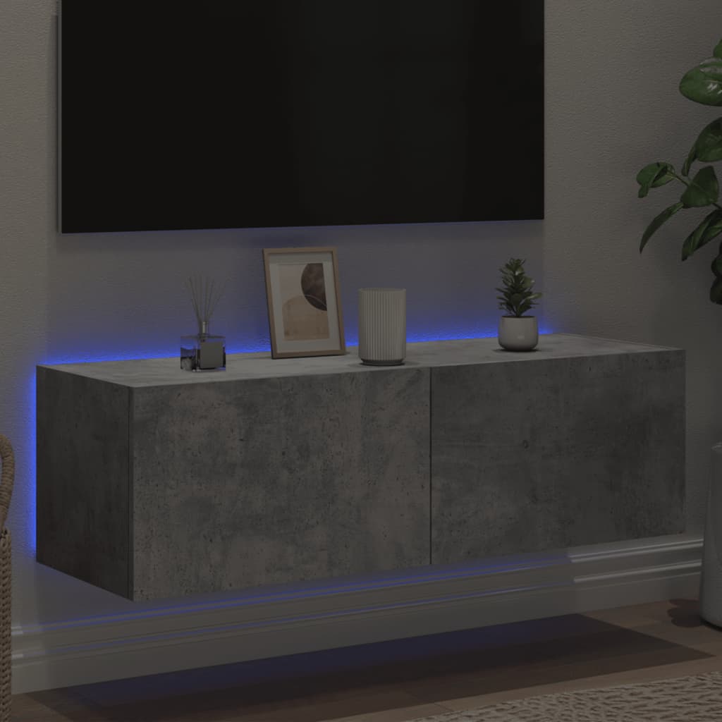 Wall-mounted TV cabinet with LED lights, concrete, 100x35x31cm