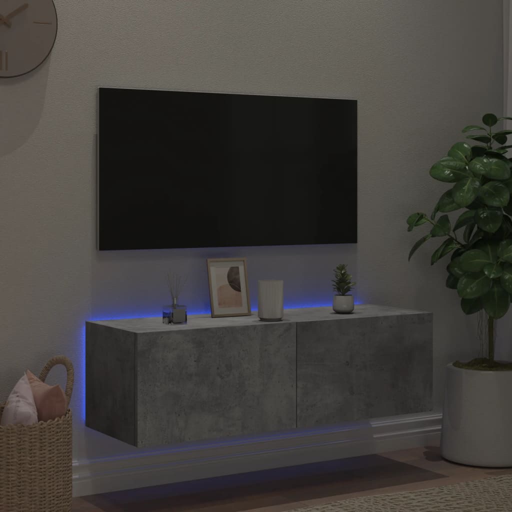 Wall-mounted TV cabinet with LED lights, concrete, 100x35x31cm