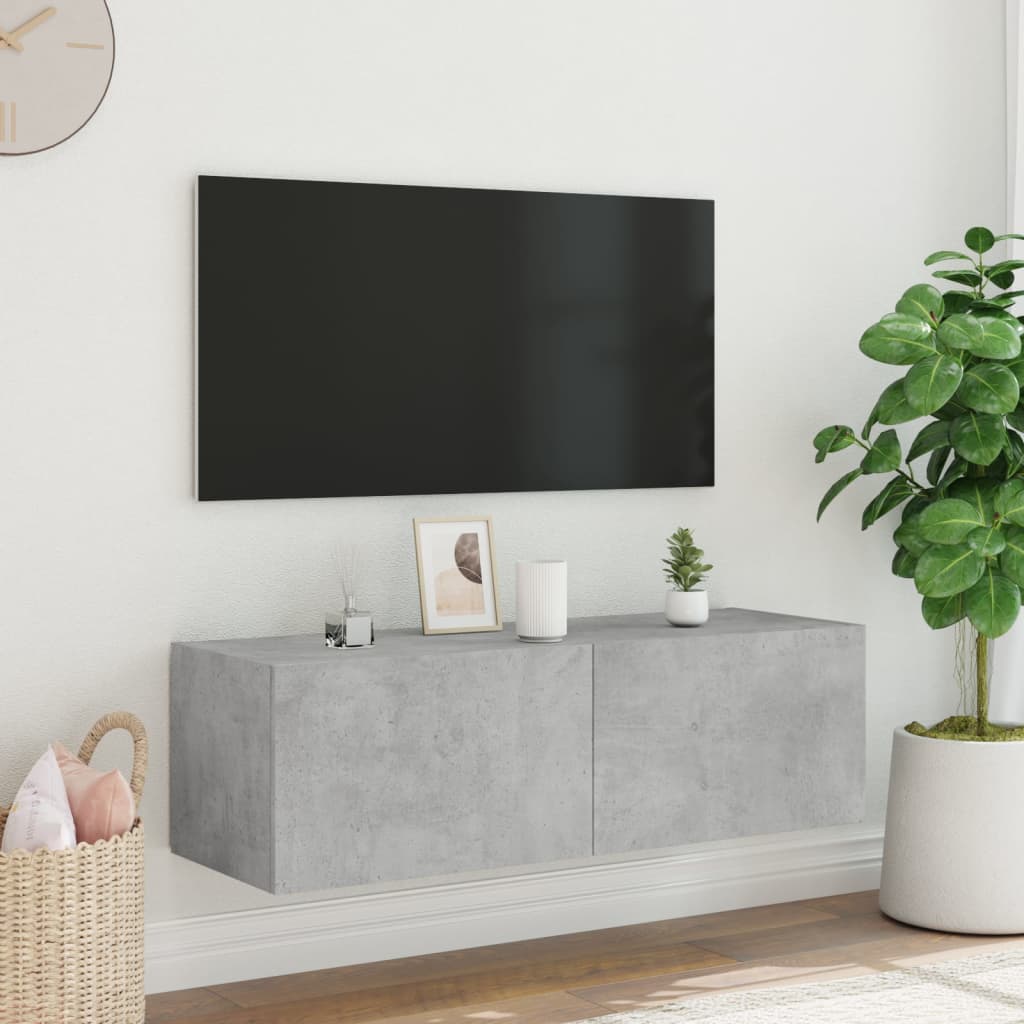 Wall-mounted TV cabinet with LED lights, concrete, 100x35x31cm