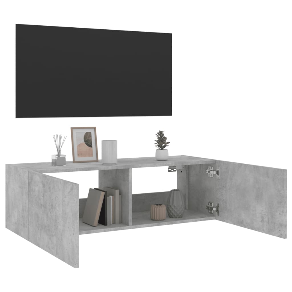 Wall-mounted TV cabinet with LED lights, concrete, 100x35x31cm