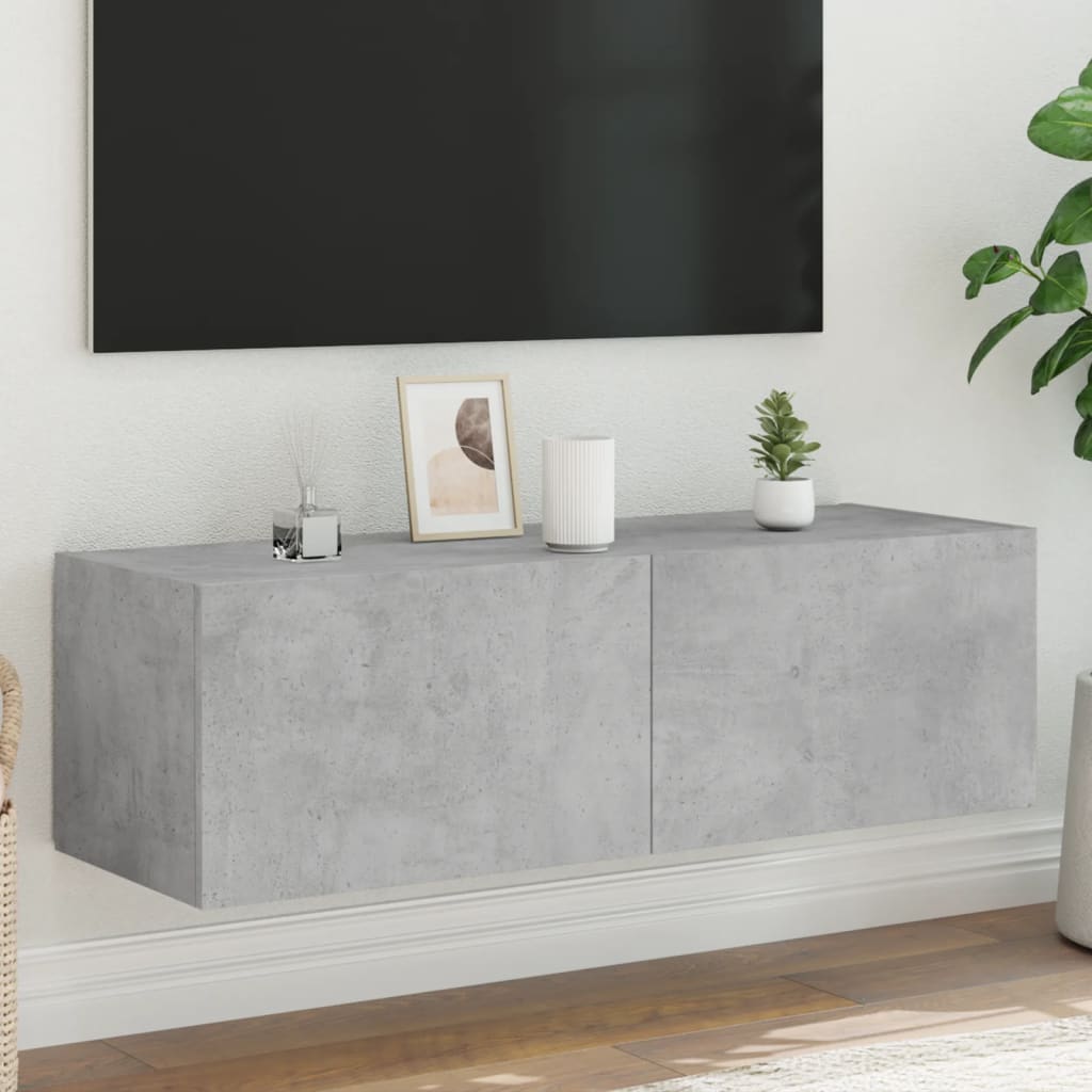 Wall-mounted TV cabinet with LED lights, concrete, 100x35x31cm