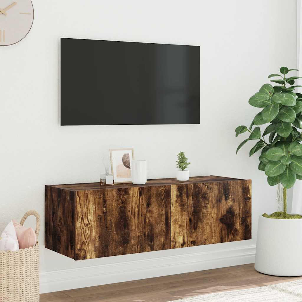 Pie sienas stiprināms TV skapītis ar LED apgaismojumu, dūmu pelēks, 100x35x31 cm