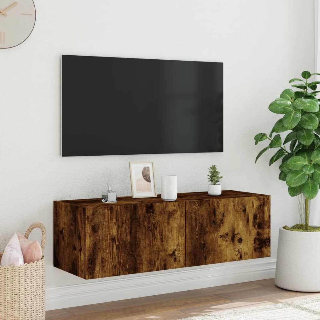 Sieninė TV spintelė su LED lemputėmis, dūminė, 100x35x31cm