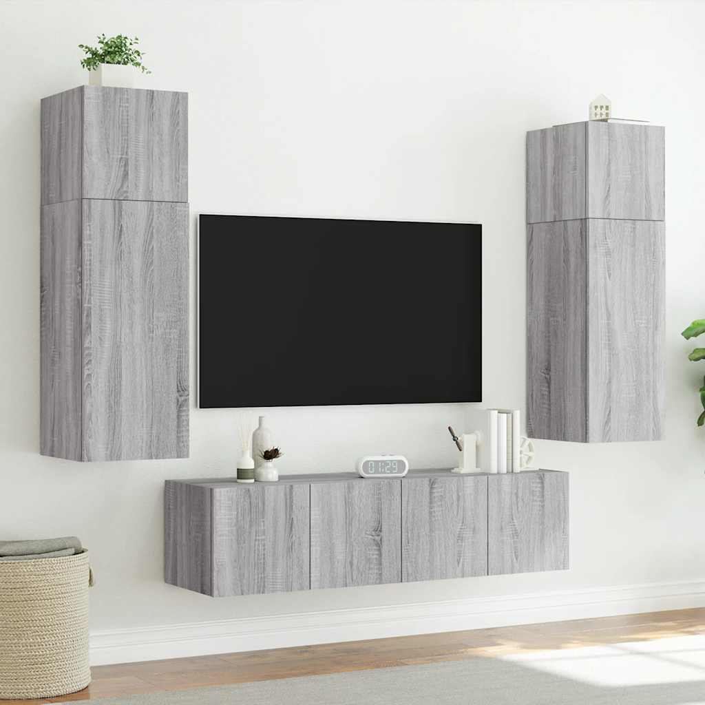 Sieninės TV spintelės su LED, 2vnt., pilkos ąžuolo, 60x35x41cm