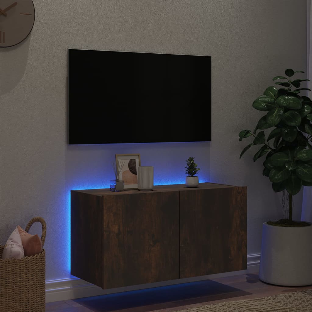 Sienas TV skapītis ar LED gaismām, dūmu krāsas, 80x35x41cm
