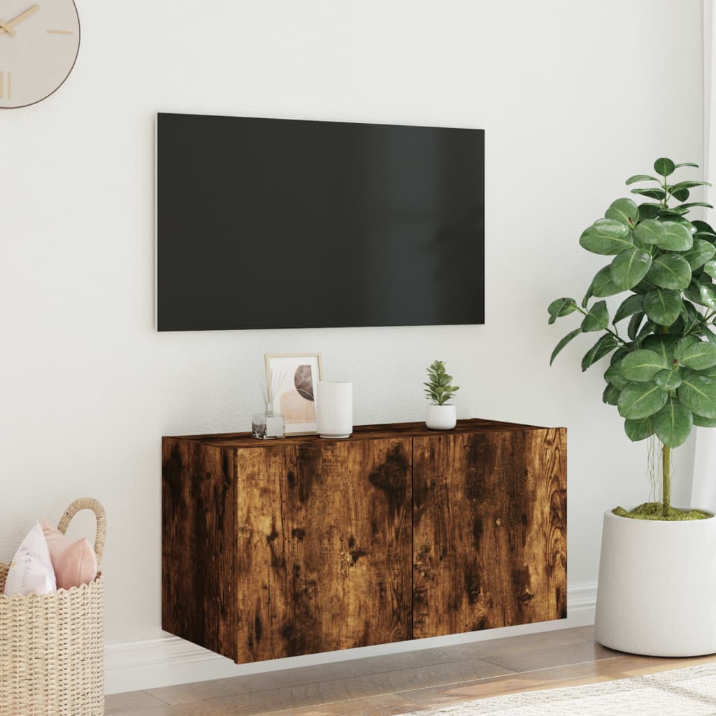 Sienas TV skapītis ar LED gaismām, dūmu krāsas, 80x35x41cm