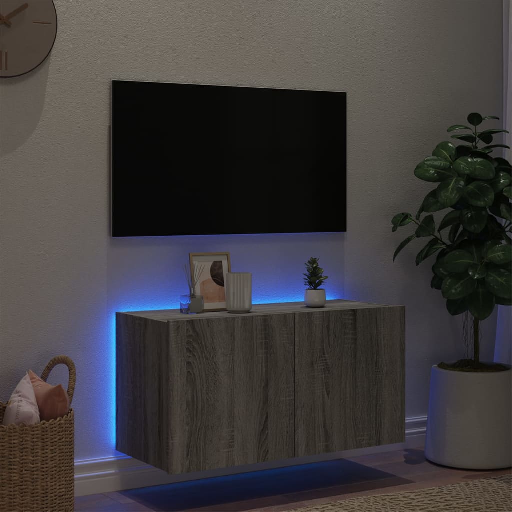 Wall-mounted TV Cabinet with LED Lights, Grey Oak, 80x35x41cm