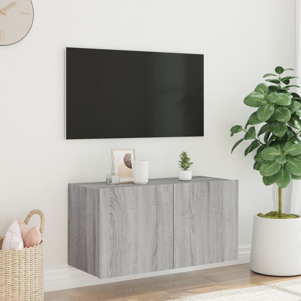 Wall-mounted TV Cabinet with LED Lights, Grey Oak, 80x35x41cm