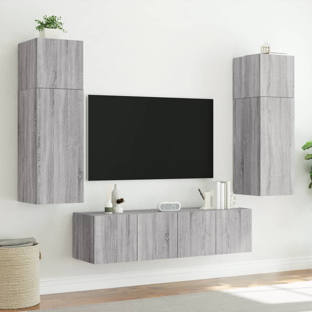 Wall-mounted TV Cabinet with LED Lights, Grey Oak, 80x35x41cm