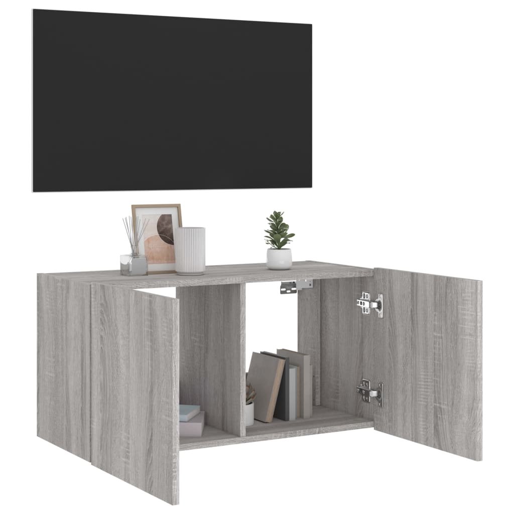 Wall-mounted TV Cabinet with LED Lights, Grey Oak, 80x35x41cm