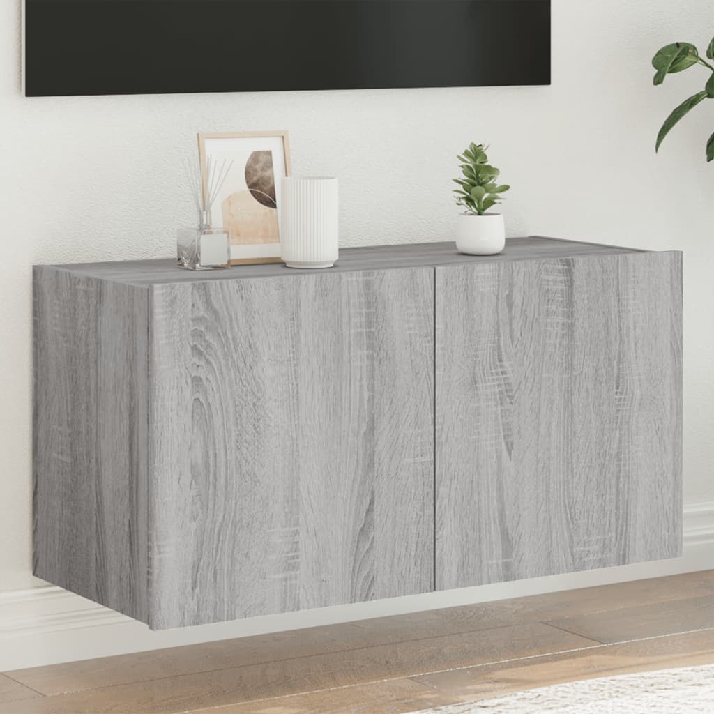Wall-mounted TV Cabinet with LED Lights, Grey Oak, 80x35x41cm