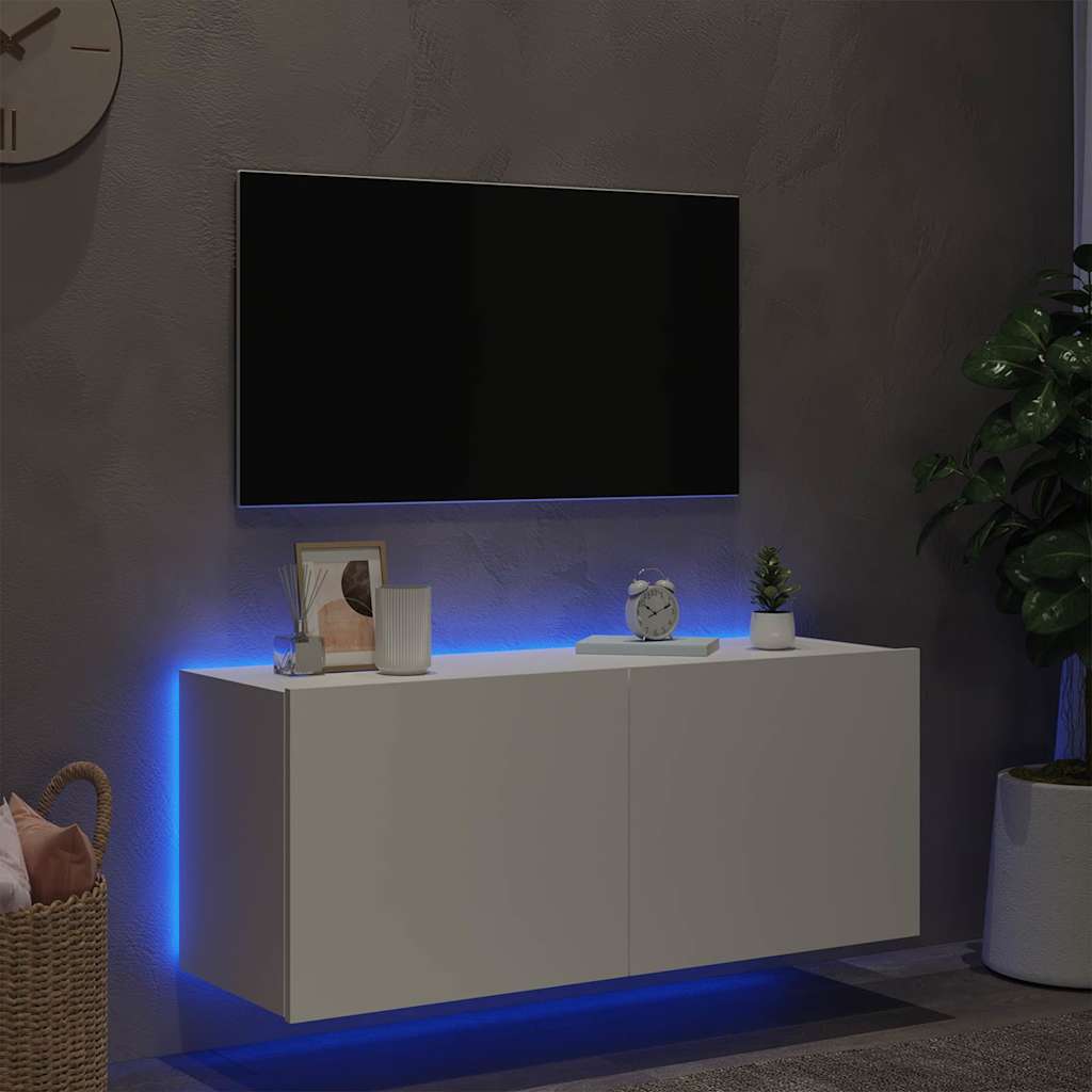 Wall-mounted TV cabinet with LED lights, white, 100x35x41cm
