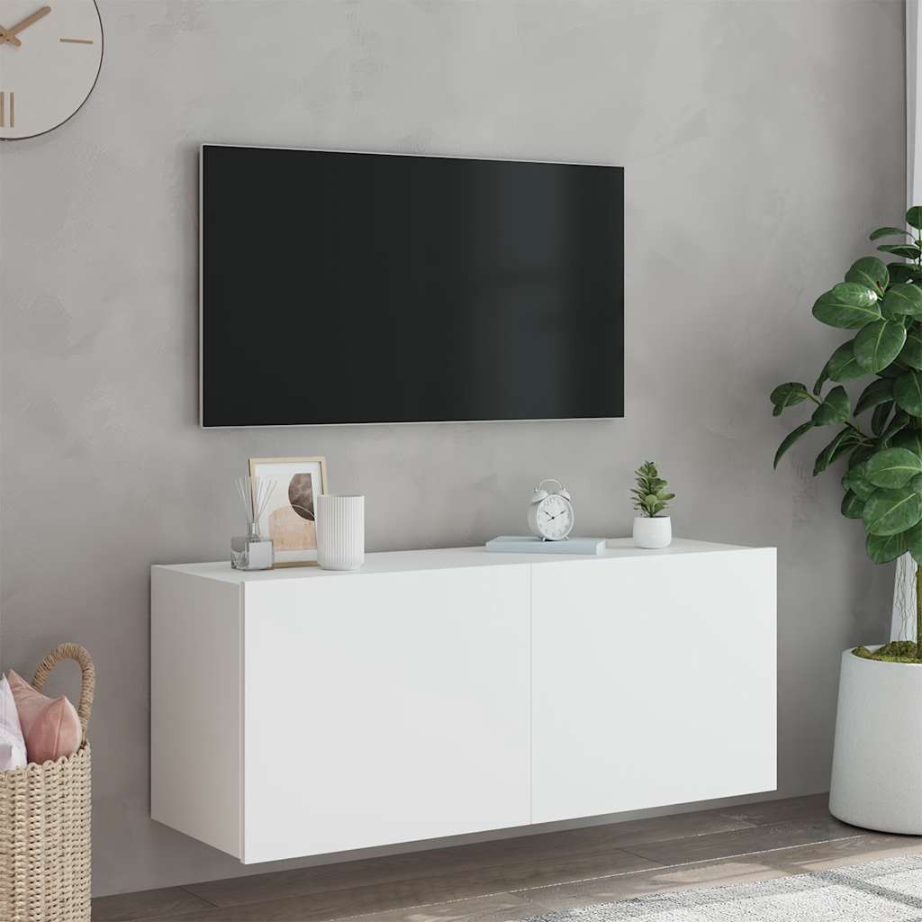 Wall-mounted TV cabinet with LED lights, white, 100x35x41cm
