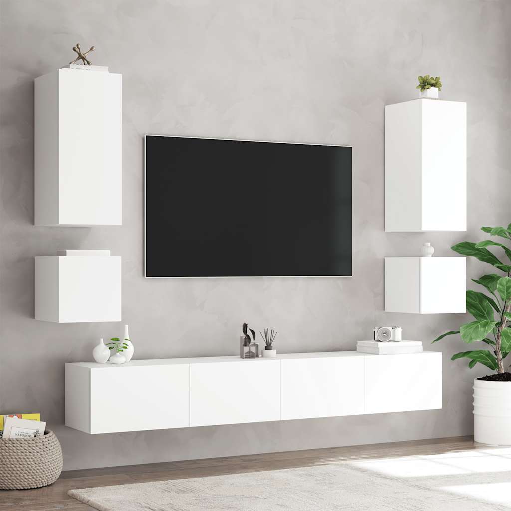 Wall-mounted TV cabinet with LED lights, white, 100x35x41cm