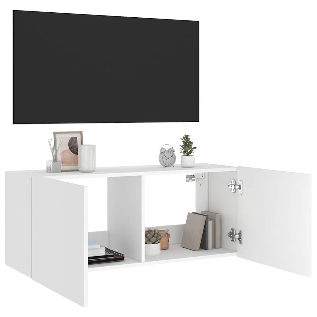 Wall-mounted TV cabinet with LED lights, white, 100x35x41cm