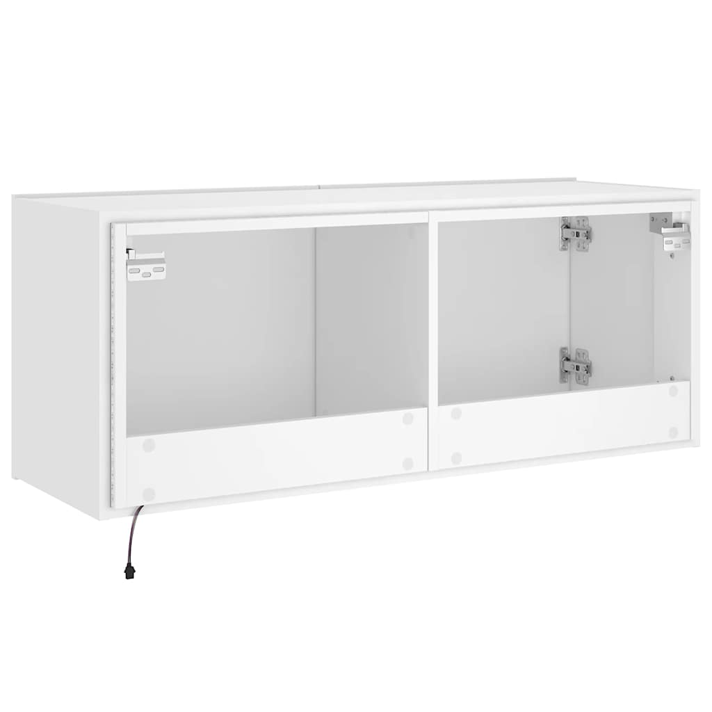 Wall-mounted TV cabinet with LED lights, white, 100x35x41cm