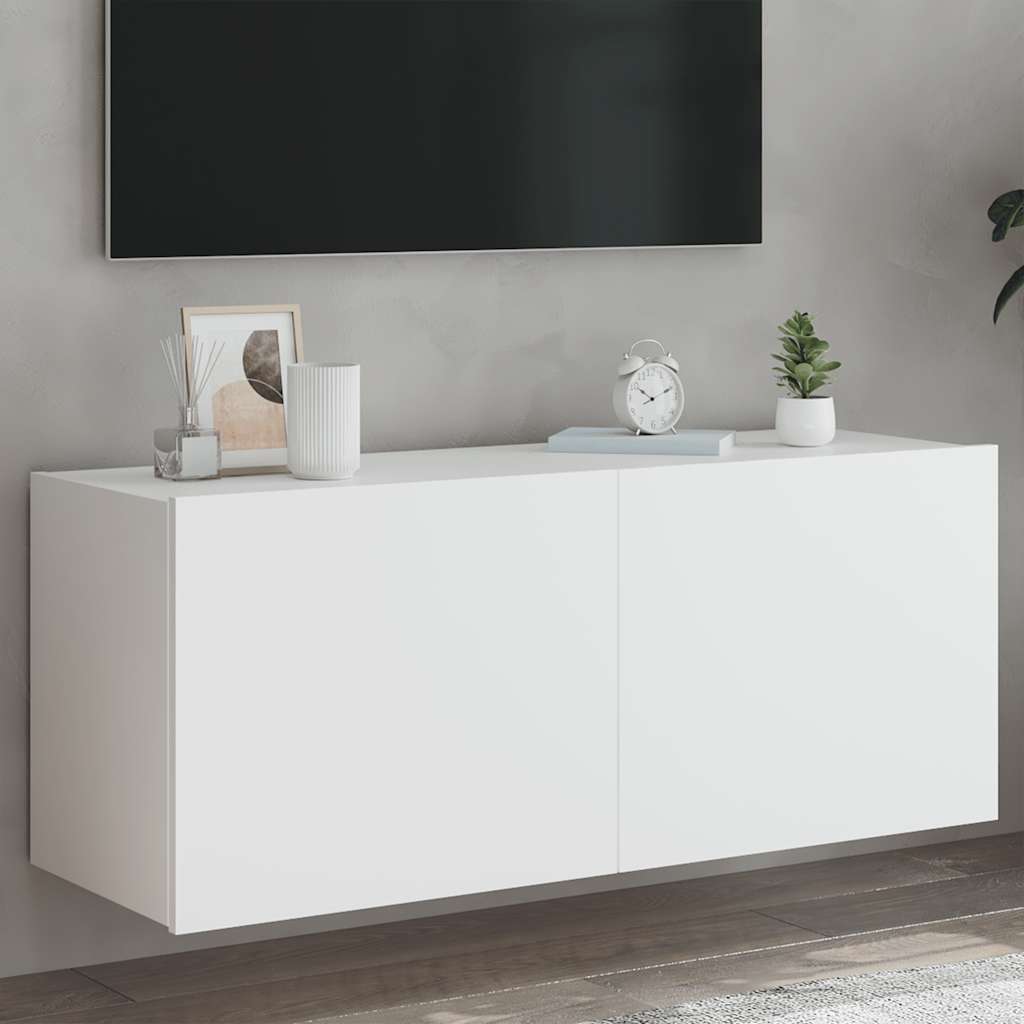 Wall-mounted TV cabinet with LED lights, white, 100x35x41cm