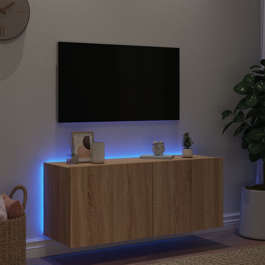 Wall-mounted TV cabinet with LED lights, oak, 100x35x41cm