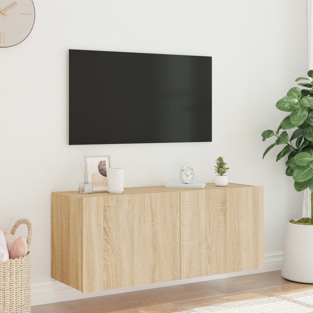 Wall-mounted TV cabinet with LED lights, oak, 100x35x41cm